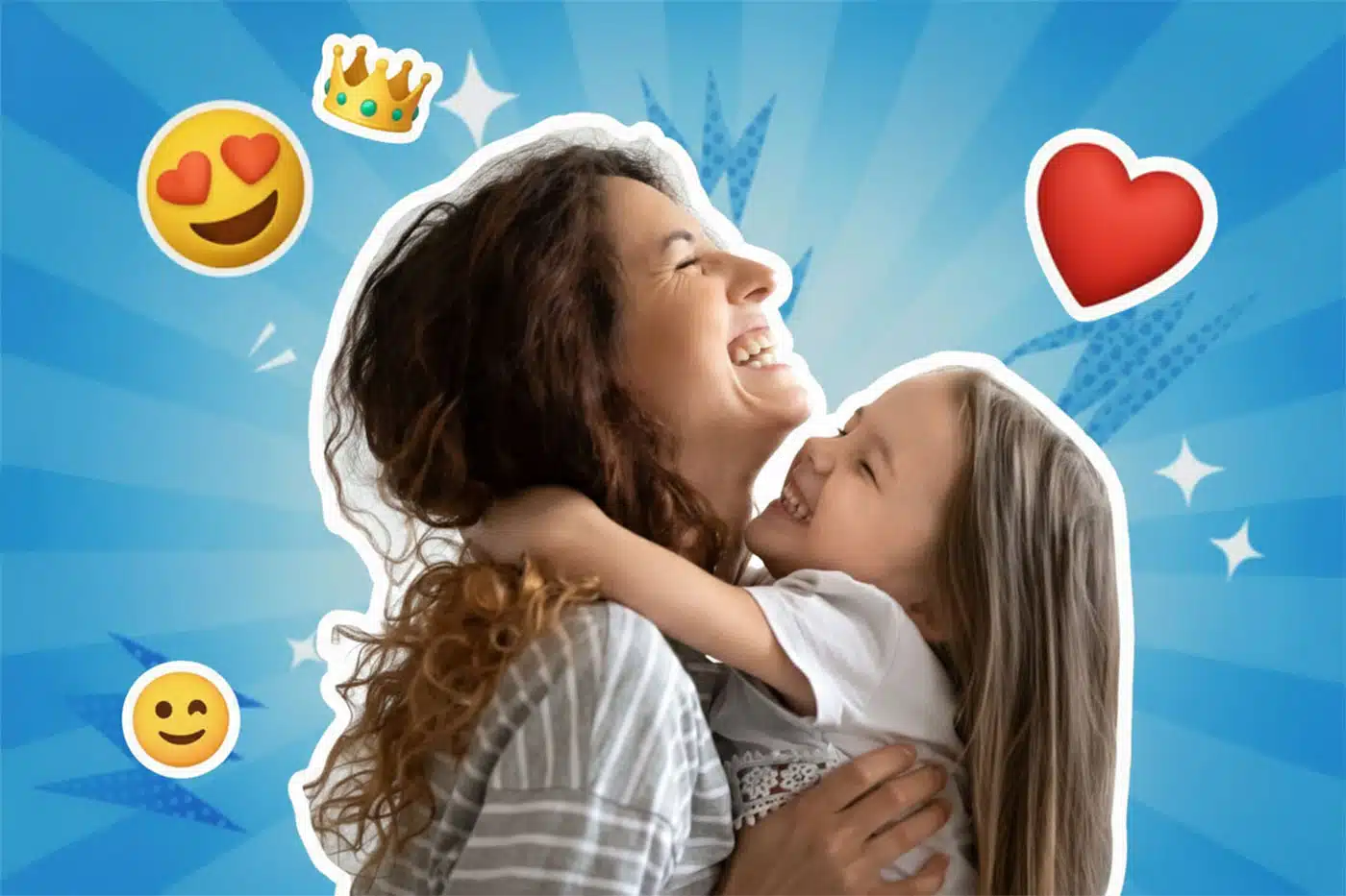 Eine lächelnde Mutter und ihre Tochter umarmen sich herzlich, umgeben von einem lebhaften Pop-Art-Hintergrund.