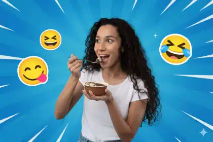 Eine junge Frau isst glücklich einen Pudding und ist umgeben von einem humorvollen retro pop-art Hintergrund.