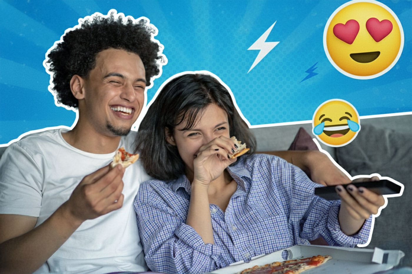 Eine bunte Collage zeigt ein lachendes Paar beim Pizza essen und eine Serie schauen, umgeben von lachenden und verliebten Emojis, Blitzen und Sternen auf einem lebhaften blauen Pop-Art-Hintergrund.