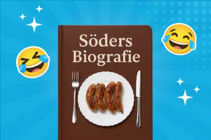 Ein braunes Buch, auf welchem "Söders Biografie" steht mit einem Teller voller Bratwürsten als Cove.
