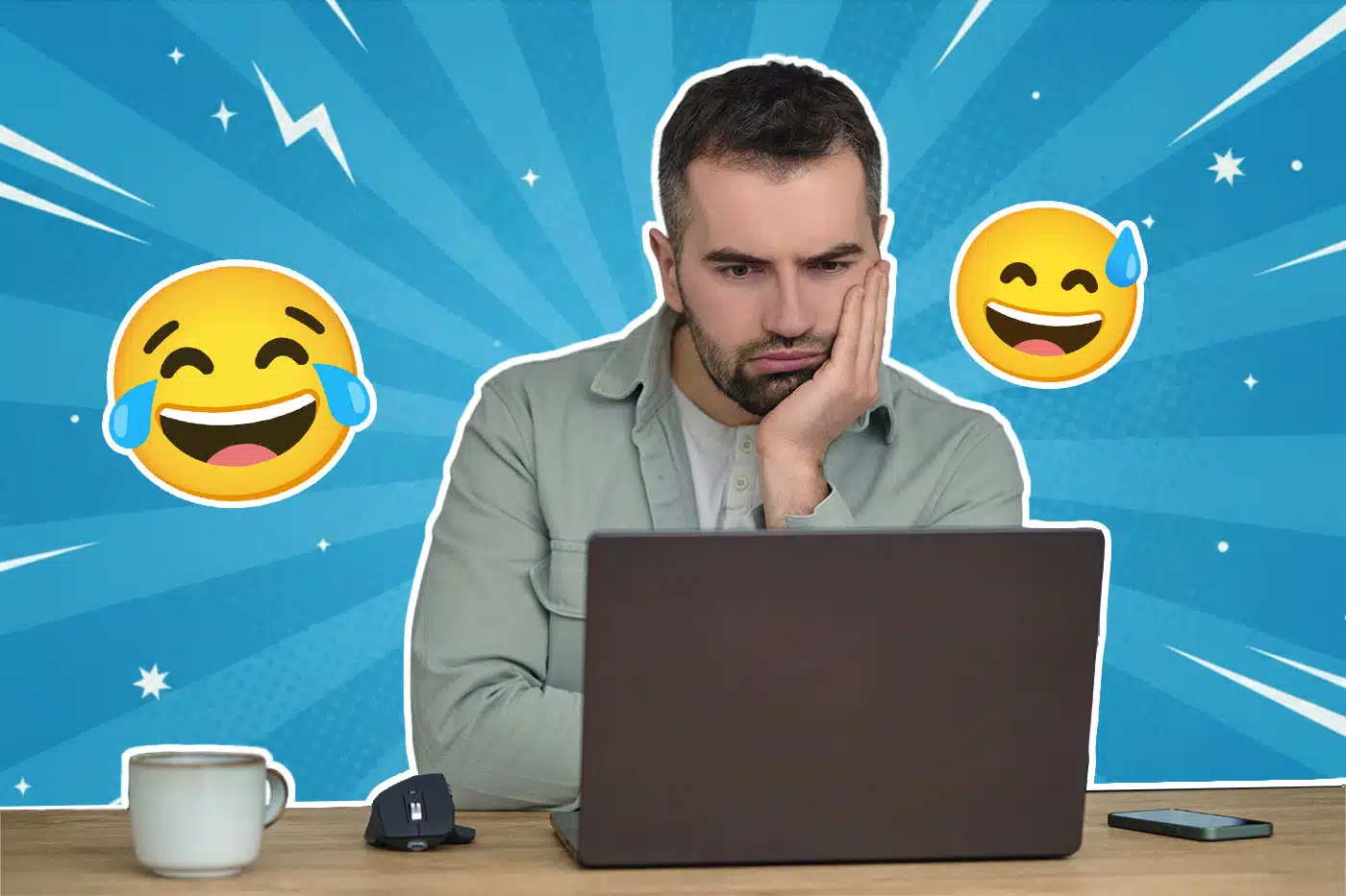 Ein Mann sitzt nachdenklich vor einem Laptop, stützt den Kopf in die Hand und schaut auf den Bildschirm; um ihn herum sind lachende Emojis auf blauem, grafischem Hintergrund zu sehen.