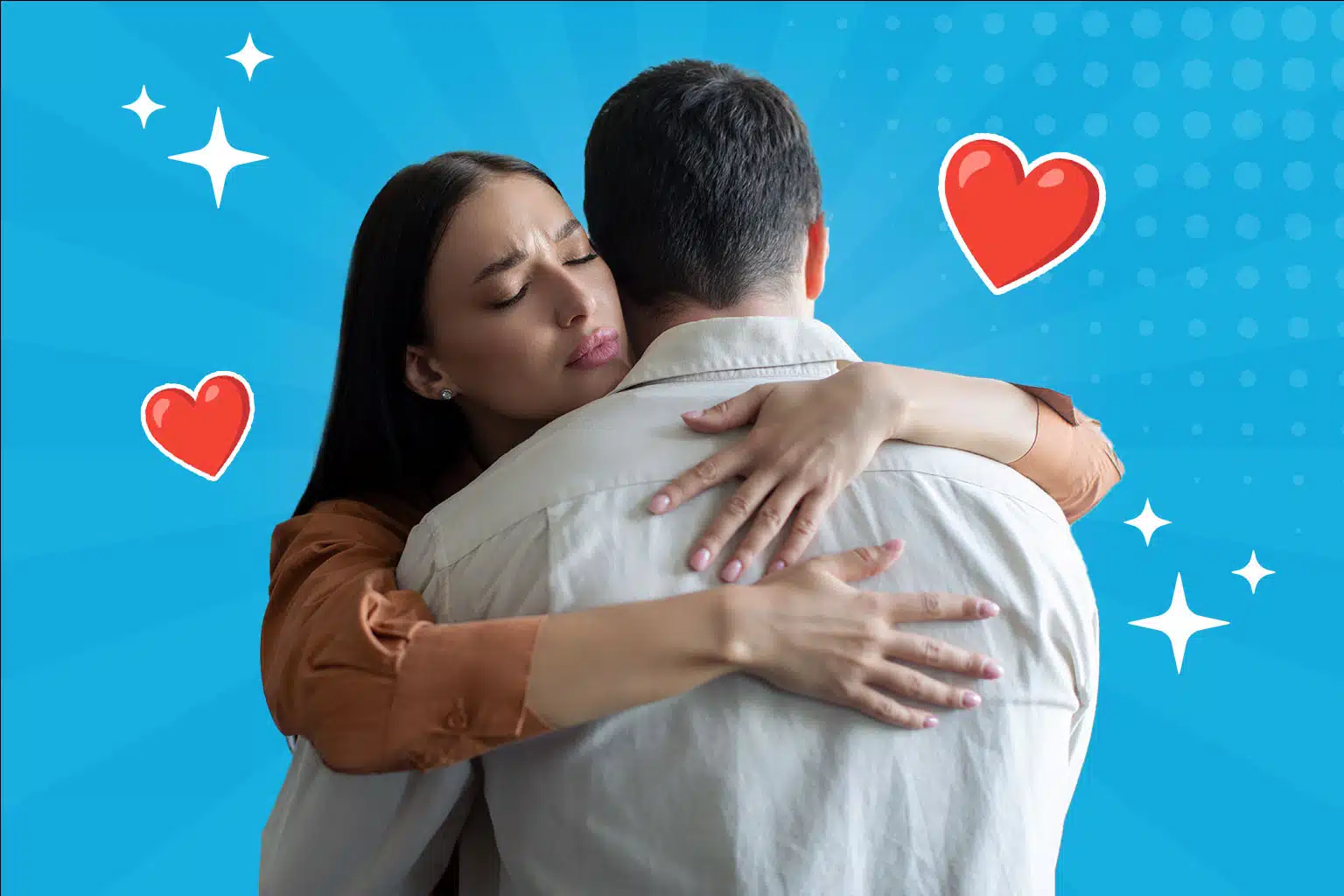 Ein Paar in einer herzlichen Umarmung, umgeben von roten 3D-Herzen und glänzenden Sternen, vor einem strahlend blauen Pop-Art-Hintergrund.