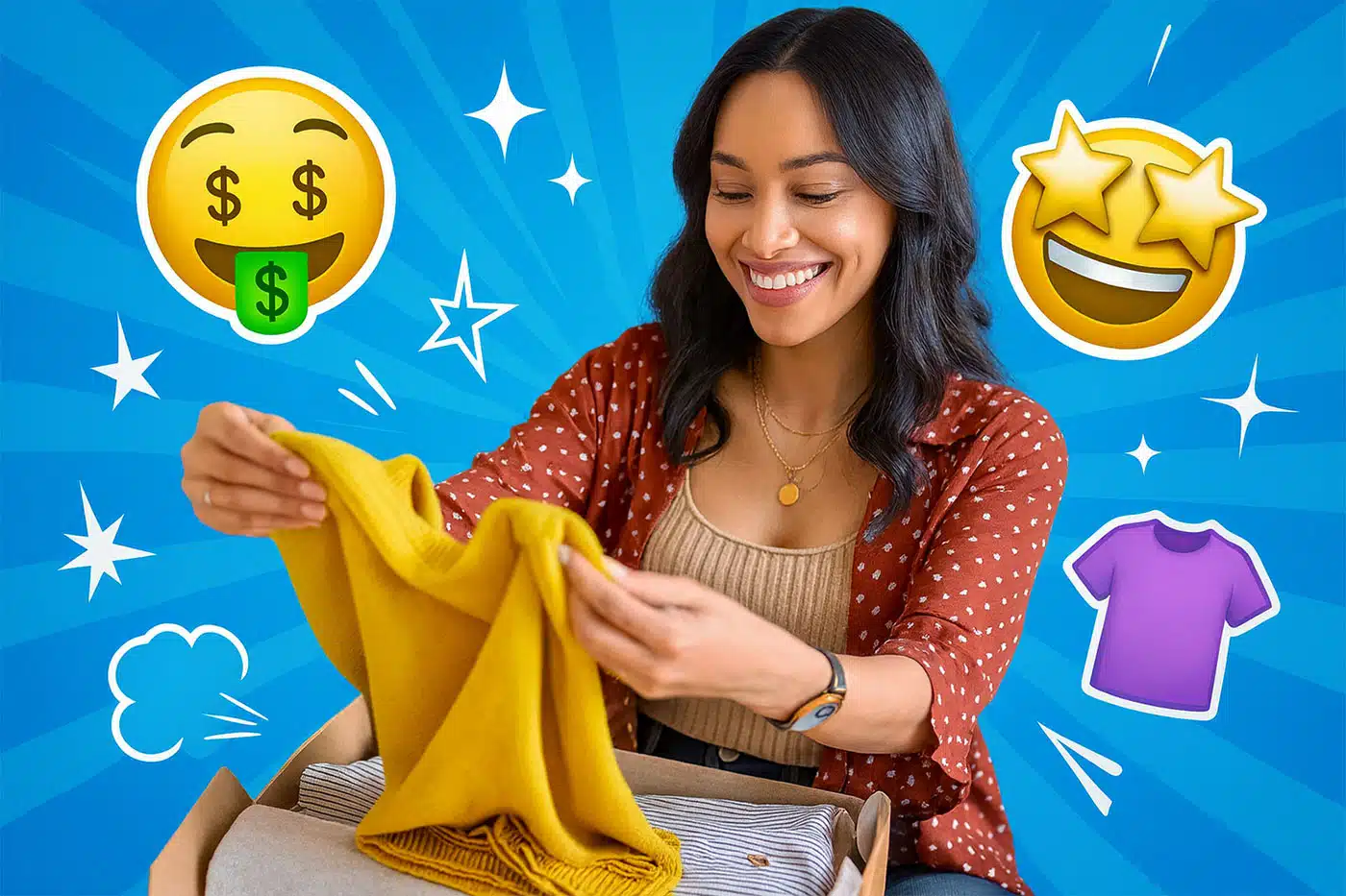 Eine lachende Frau hält einen gelben Pullover aus einer Box und betrachtet ihn freudig. Der Hintergrund wurde zu einem klaren, blauen Pop-Art-Design.