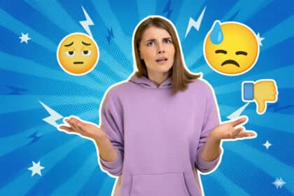 Frau hebt die Hände hoch und schaut etwas schockiert und fragend. Sie ist umgeben von einem blauen Retro Pop-Art Hintergrund.