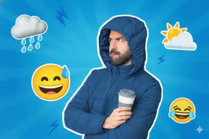 Ein Mann, eingepackt in eine Übergangsjacke, schaut mit verschränkten Armen etwas grimmig nach oben. Er ist umgeben von einem humorvollen Retro Pop-art Hintergrund.