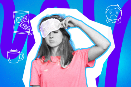 Müdes Mädchen hebt eine Schlafmaske an; Symbole für Chips, Kaffee und schlechte Laune im Hintergrund.