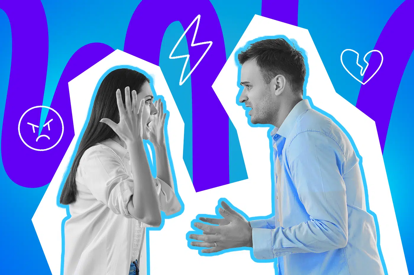 Ein Paar streitet heftig, beide gestikulieren, im Hintergrund Symbole für Ärger und ein gebrochenes Herz.