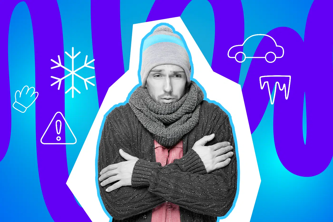 Ein Mann steht frierend da, dick eingepackt mit Mütze und Schal, verschränkt die Arme vor der Brust. Um ihn herum Symbole für Kälte, Schnee und ein Auto im Winter.