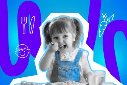 Ein kleines Mädchen mit Zöpfen isst fröhlich mit einem Löffel, umgeben von Symbolen rund ums Essen.