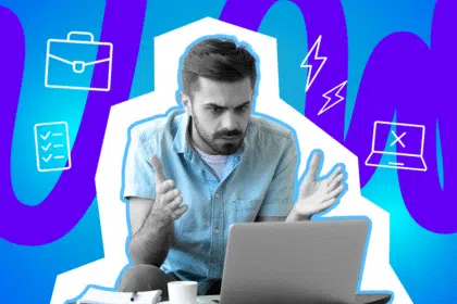 Ein frustrierter Mann sitzt am Laptop – das Bild greift humorvoll den Stress und die Hürden beim Bewerben auf.