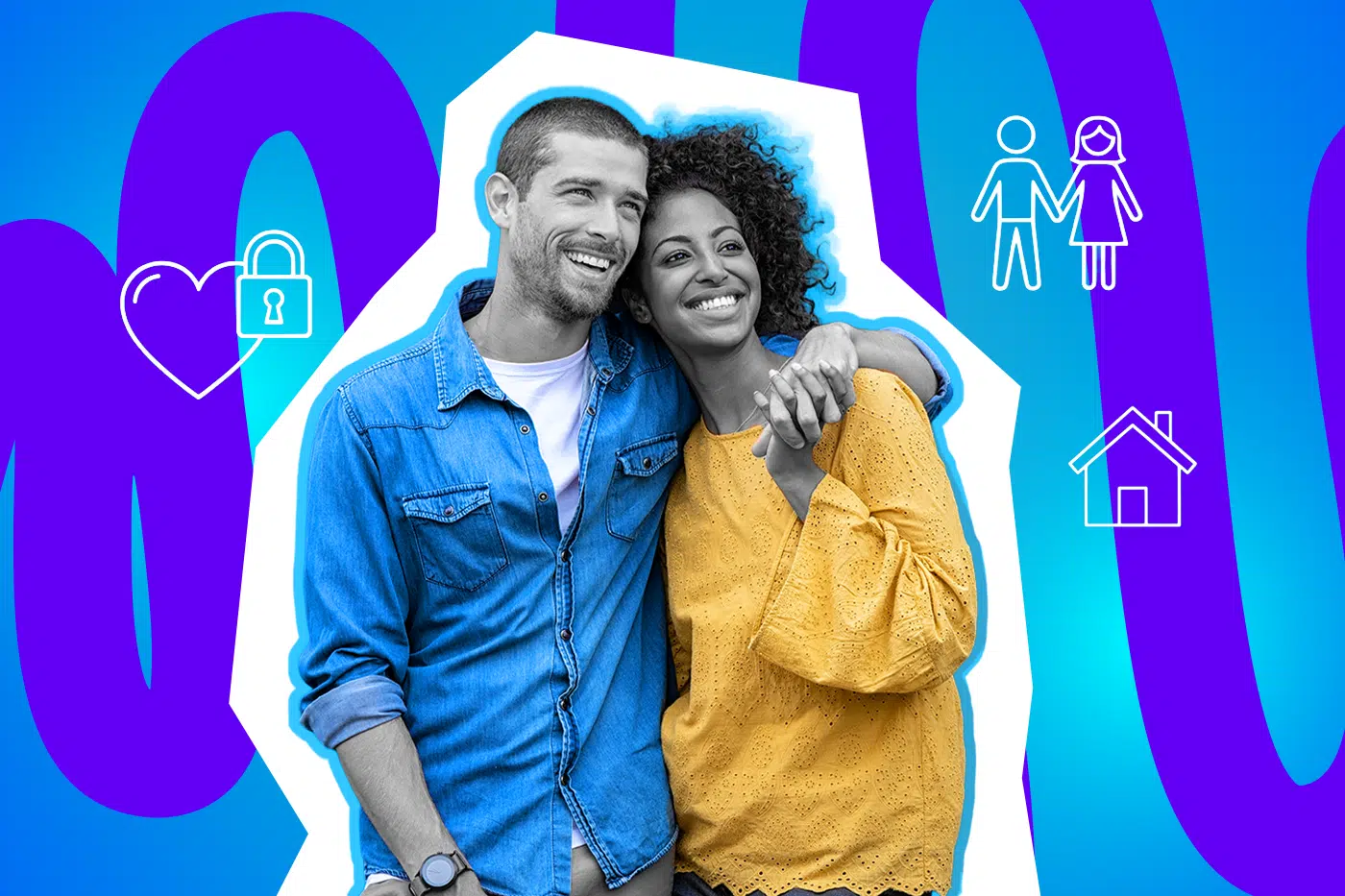 Ein Paar geht lächelnd Arm in Arm, wirkt glücklich und vertraut; daneben Symbole für Liebe, Partnerschaft und gemeinsames Zuhause.