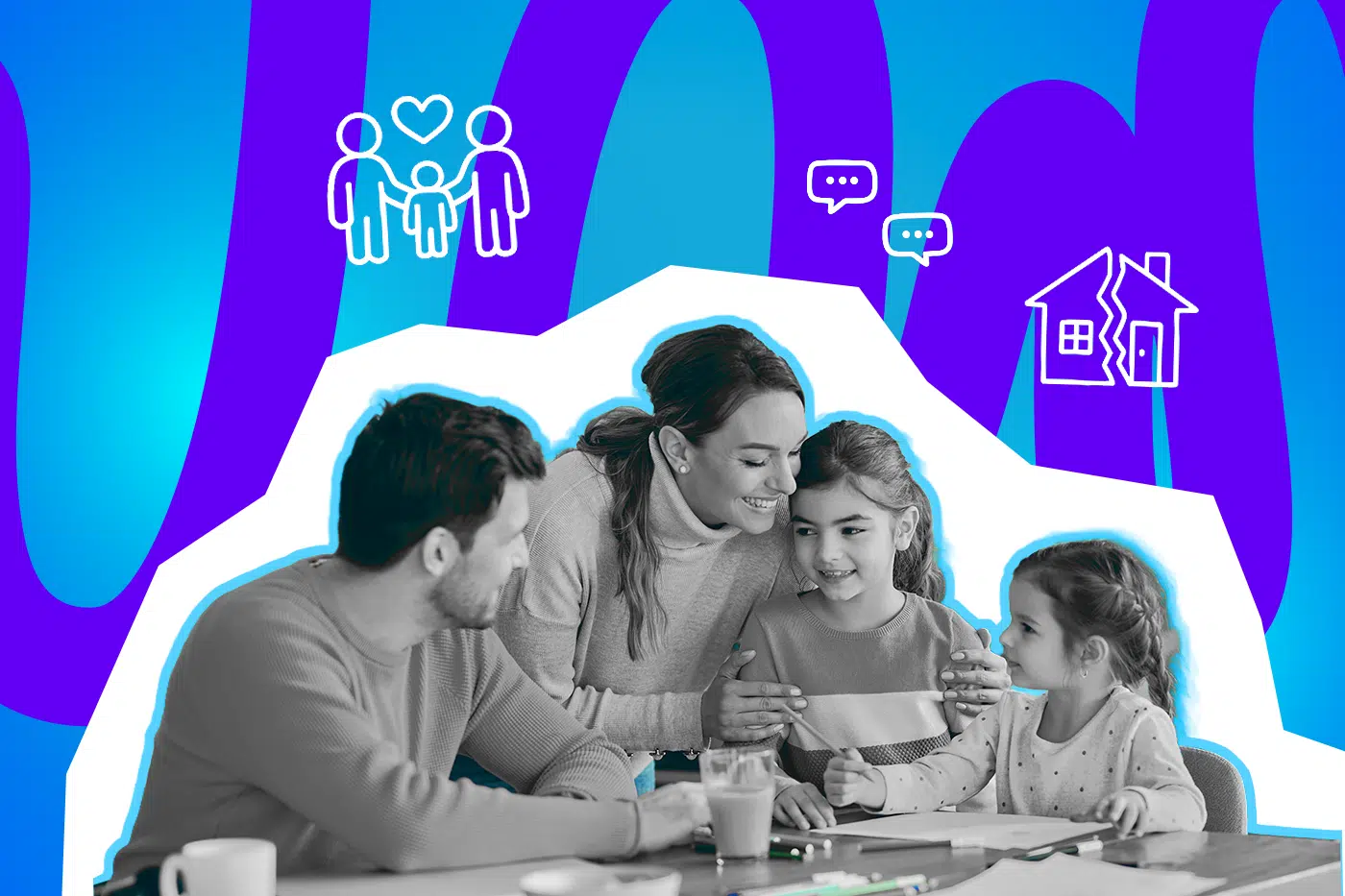 Vierköpfige Familie sitzt gemeinsam am Tisch, Erwachsene lehnen sich liebevoll zu den beiden Kindern, die malen; im Hintergrund Symbole für Familie, Kommunikation und getrennte Haushalte.