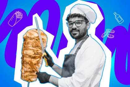 Pop-Art-Illustration eines lächelnden Dönermanns mit Messer und Dönerspieß, umgeben von Icons wie Döner, Flasche, Pommes, Einkaufswagen. Schwarz-Weiß-Gesicht und bunter Hintergrund. Ideal für Beiträge über Döner, Imbisskultur, Midnight Snack, Essen bestellen und humorvolle Alltagssituationen.