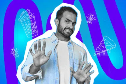 Pop-Art-Illustration eines angewiederten Mannes in Alltagskleidung, umgeben von minimalistischen Icons (Müll, Fliegen, Alten Essensresten). Ideal für Beiträge über die Ekel oder Ablehnung zeigt, mit Fokus auf übertriebene Mimik und unkonventionellen Bildaufbau. Ideal für Beiträge über Unhygiene, eklige Dinge, Schimmel, fragwürdige Lebensentscheidungen und humorvolle Schockeffekte.