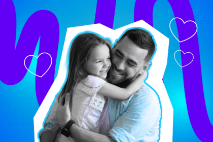 Ein Vater umarmt liebevoll seine lachende Tochter; beide wirken glücklich, umgeben von Herzsymbolen.