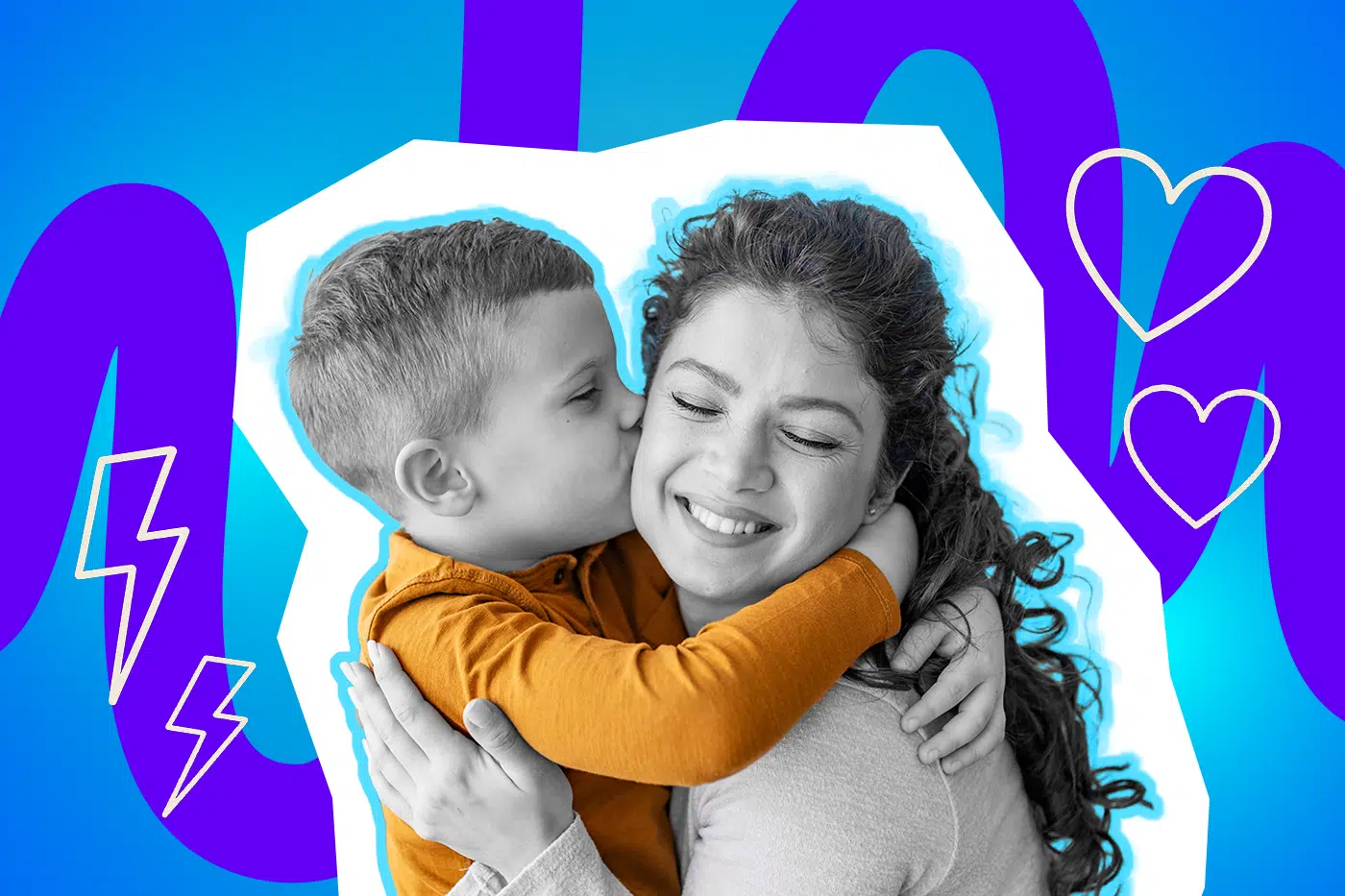 Junge umarmt eine lächelnde Frau und gibt ihr einen Kuss auf die Wange.