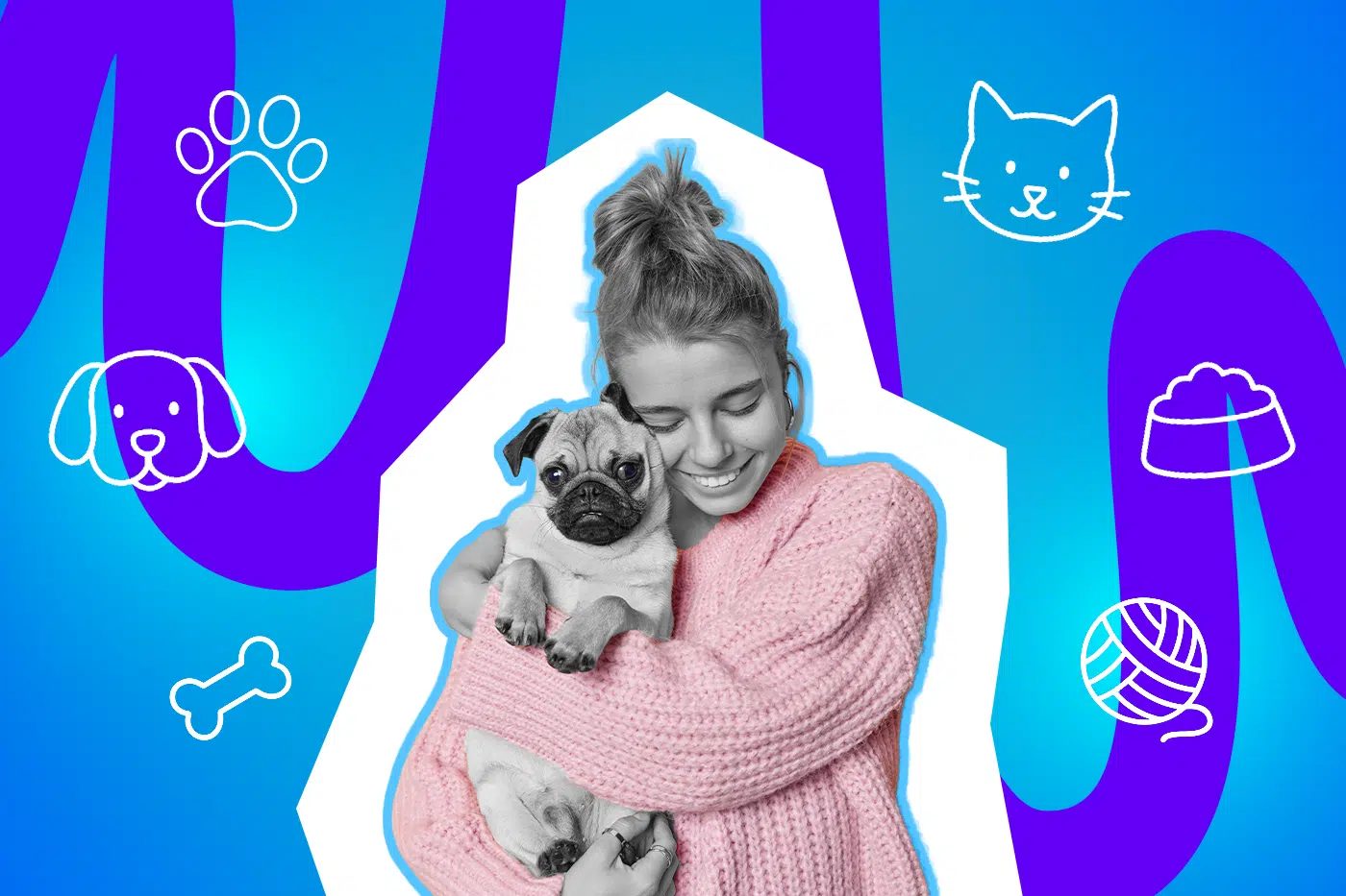 Frau umarmt lächelnd einen kleinen Hund.