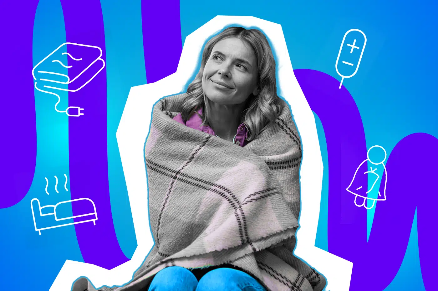 Pop-Art-Illustration einer Frau, die eingekuschelt in einer Heizdecke sitzt und freundlich lächelt. Umgeben von Icons wie Heizdecke, Bett, Person mit Decke und Fernbedienung. Schwarz-Weiß-Gesicht und bunter Hintergrund. Ideal für Beiträge über Heizdecken.
