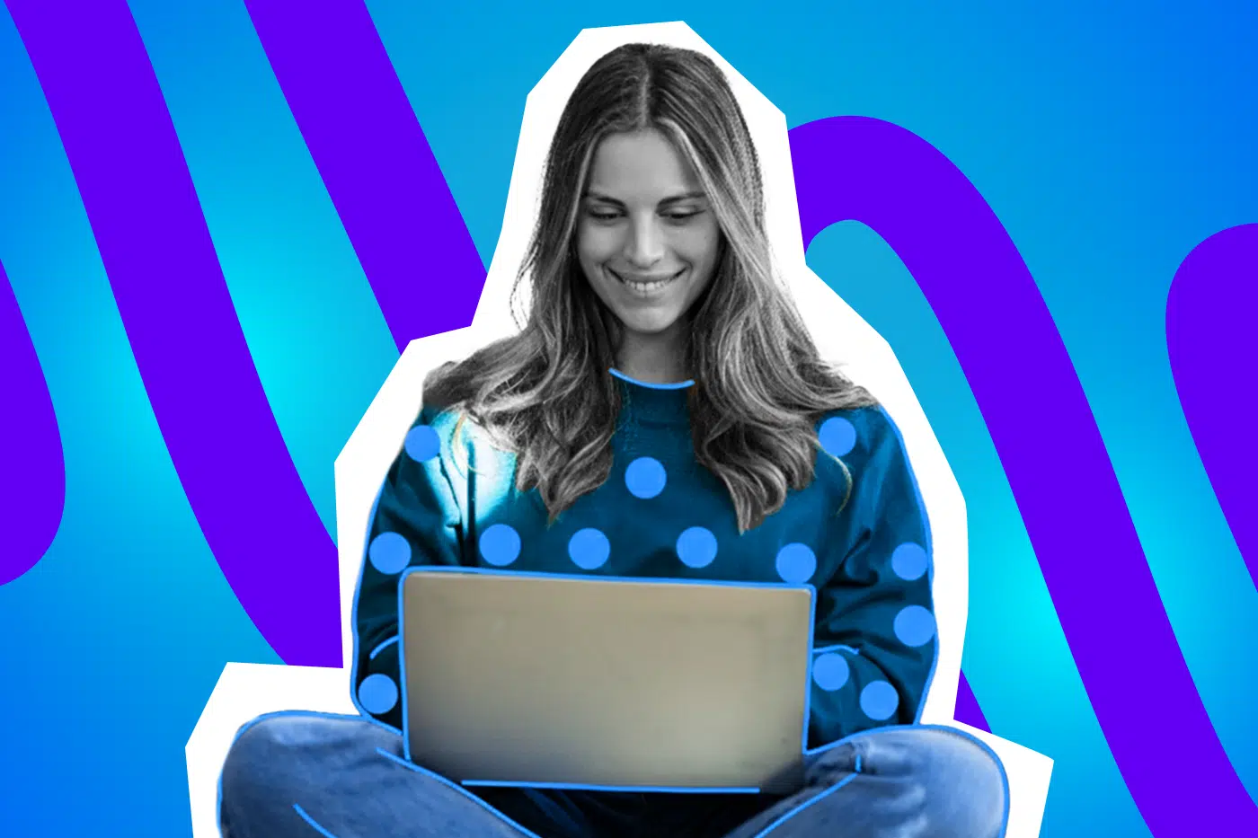 Pop-Art-Illustration einer Frau, die konzentriert (oder abgelenkt) im Homeoffice arbeitet, dargestellt im minimalistischen Vektor-Look mit leuchtenden Blau- und Lilatönen. Ideal für Beiträge über Work-Life-Balance, Homeoffice-Hacks und Multitasking.