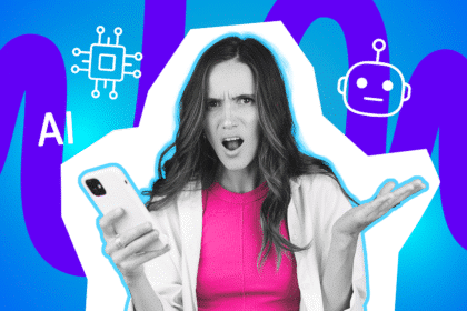 Frau schaut genervt auf ihr Smartphone und gestikuliert, umgeben von KI-Symbolen.