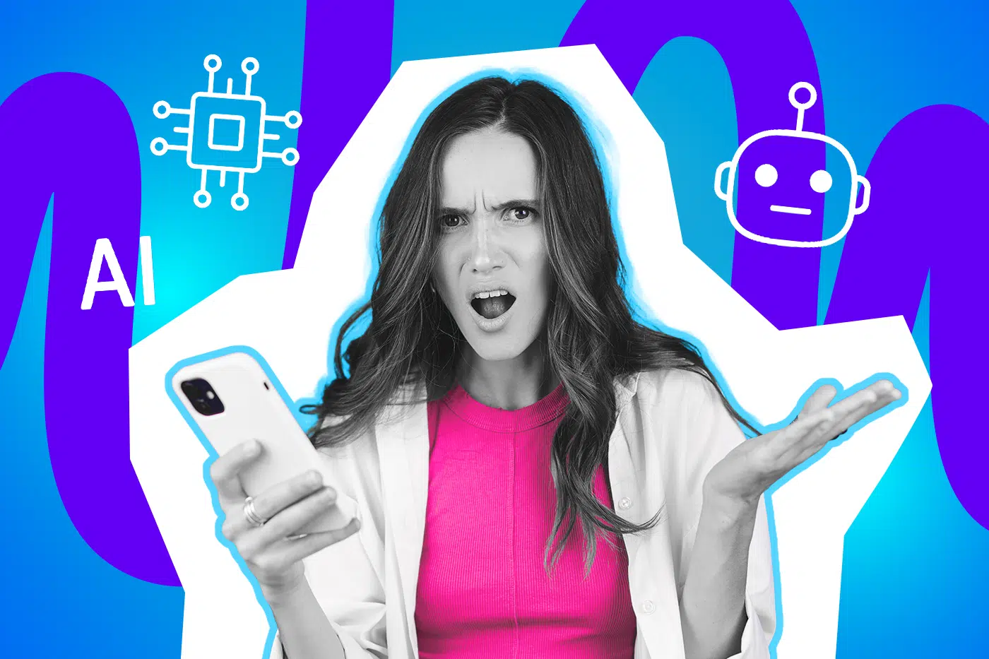 Frau schaut genervt auf ihr Smartphone und gestikuliert, umgeben von KI-Symbolen.