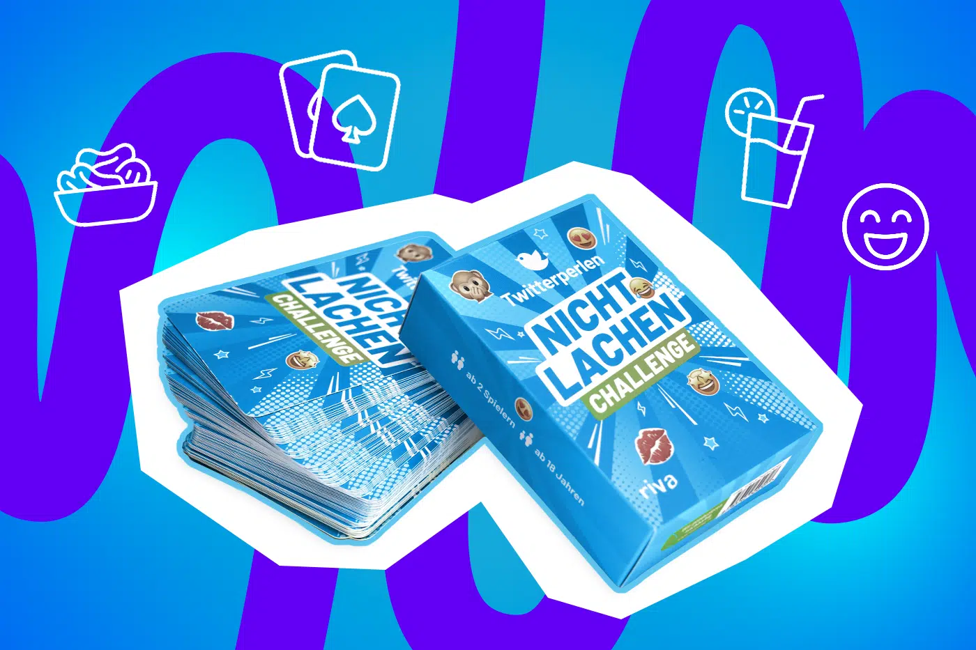 Ein blaues Kartenspiel mit dem Titel „Nicht Lachen Challenge“ liegt geöffnet auf dem Tisch – perfekt für einen lustigen Spieleabend mit Freunden.