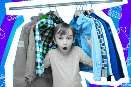 Pop-Art-Illustration eines Kindes, das überrascht vor einer Reihe von Kleidungsstücken hängt. Schwarz-Weiß-Gesicht und bunte Kleidung (kariertes Hemd, blaue Hemden). Umgeben von Icons wie Mütze, T-Shirt, Schuhe. Ideal für Beiträge über Kinderkleidung, Kindermode, Anziehen, Kinder und Shopping.