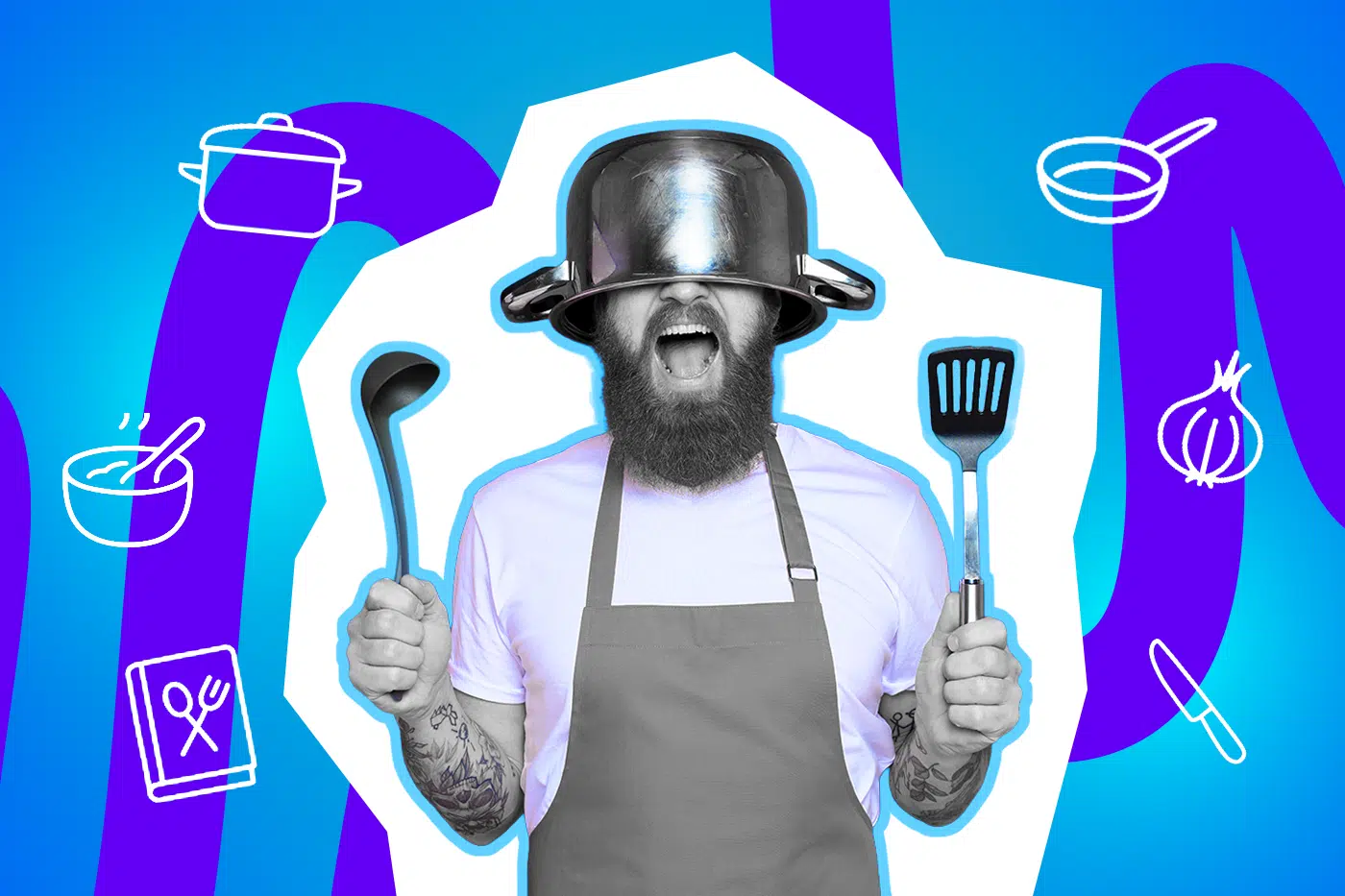 Mann mit Topf auf dem Kopf schreit und hält einen Kochlöffel und einen Pfannenwender in den Händen.