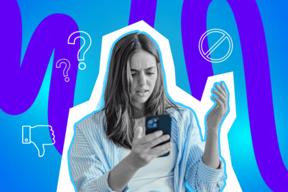 Eine junge Frau schaut verwirrt und genervt auf ihr Smartphone, umgeben von Fragezeichen- und Ablehnungs-Symbolen.