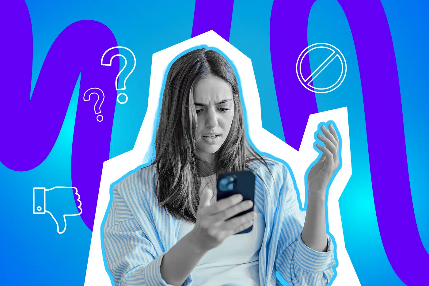 Eine junge Frau schaut verwirrt und genervt auf ihr Smartphone, umgeben von Fragezeichen- und Ablehnungs-Symbolen.
