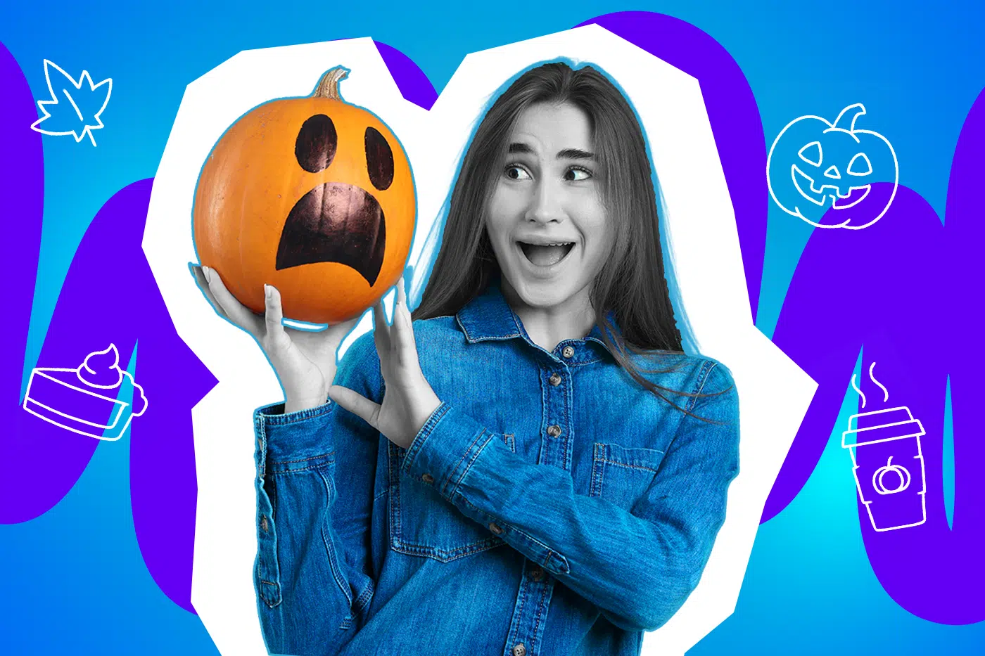 Pop-Art-Illustration einer jungen Frau, die einen Kürbis hoch hält und lacht. Umgeben von Icons wie ein geschnitzter Kürbis mit klassischem Jack-o'-Lantern-Gesicht, ein Stück Kürbiskuchen mit Sahnehaube, ein Becher Pumpkin Spice Latte mit Dampf und ein Herbstblatt. Schwarz-Weiß-Gesicht und bunter Hintergrund. Ideal für Beiträge über den Kürbis als vielseitiges Gemüse.