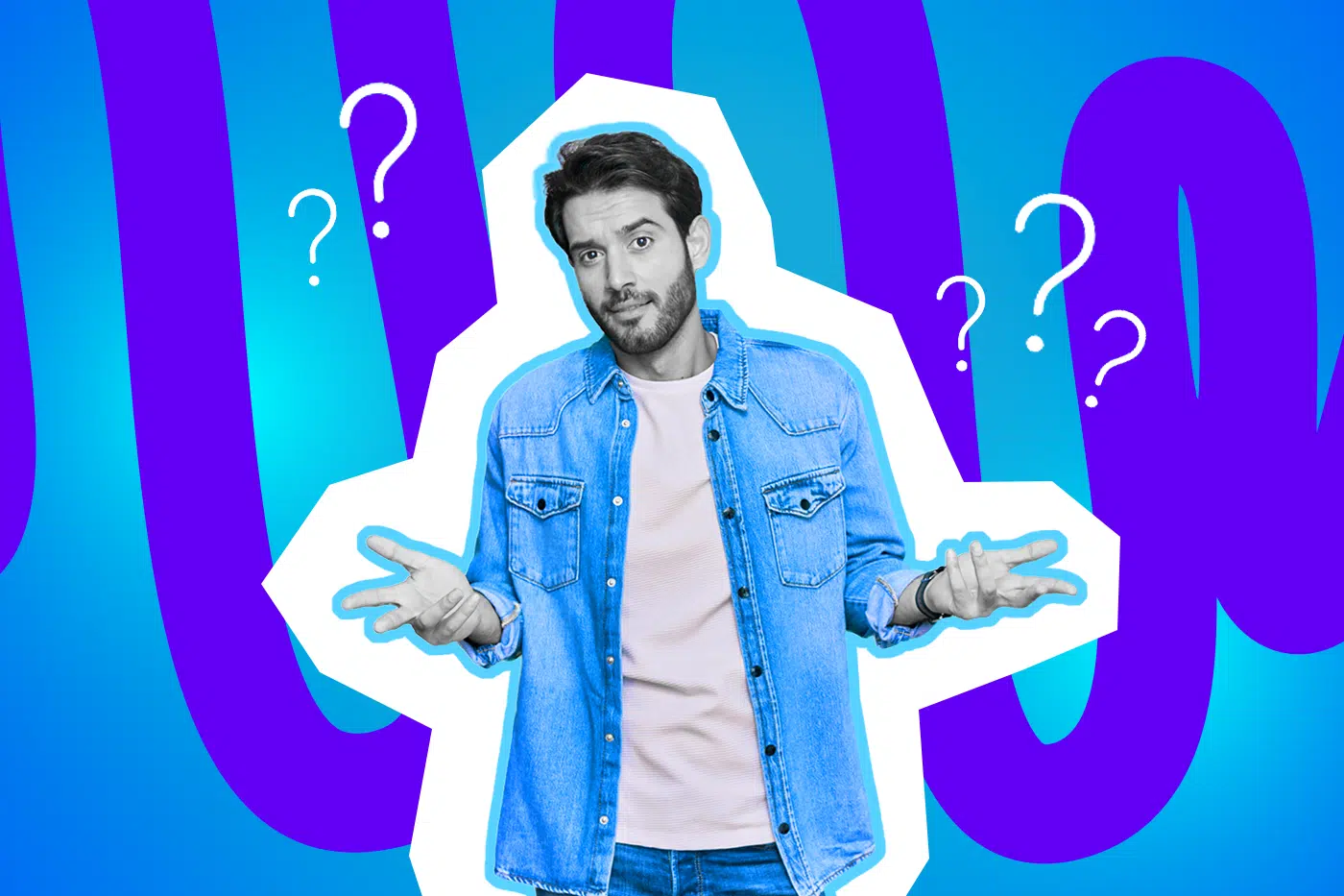 Ein Mann in Jeanshemd steht mit ratlosem Gesichtsausdruck da und hebt fragend beide Hände, während mehrere Fragezeichen um ihn herum eingeblendet sind.