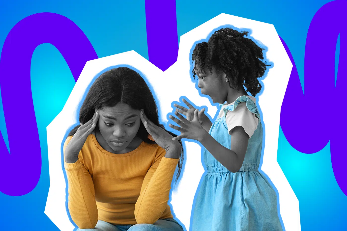 Eine erschöpfte Mutter hält sich den Kopf, während ihr energiegeladenes Kind aufgeregt auf sie einredet – der ganz normale Familienwahnsinn.