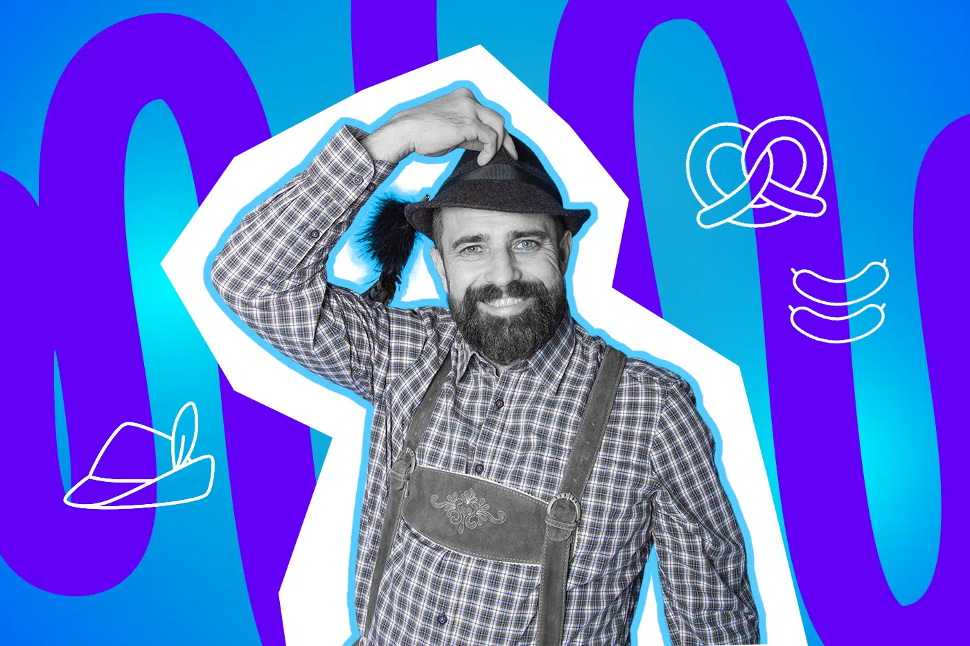 Ein Mann in Tracht hebt seinen Hut und lächelt – das Bild spielt humorvoll mit Klischees rund um Bayern und bayerische Traditionen.