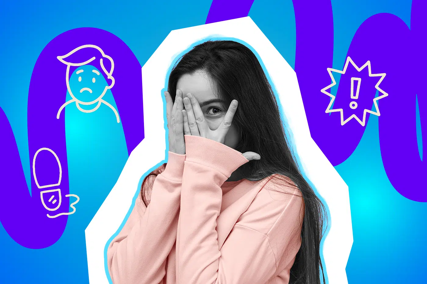 Frau in rosa Pullover verdeckt verlegen ihr Gesicht mit den Händen und blickt durch die Finger hindurch.