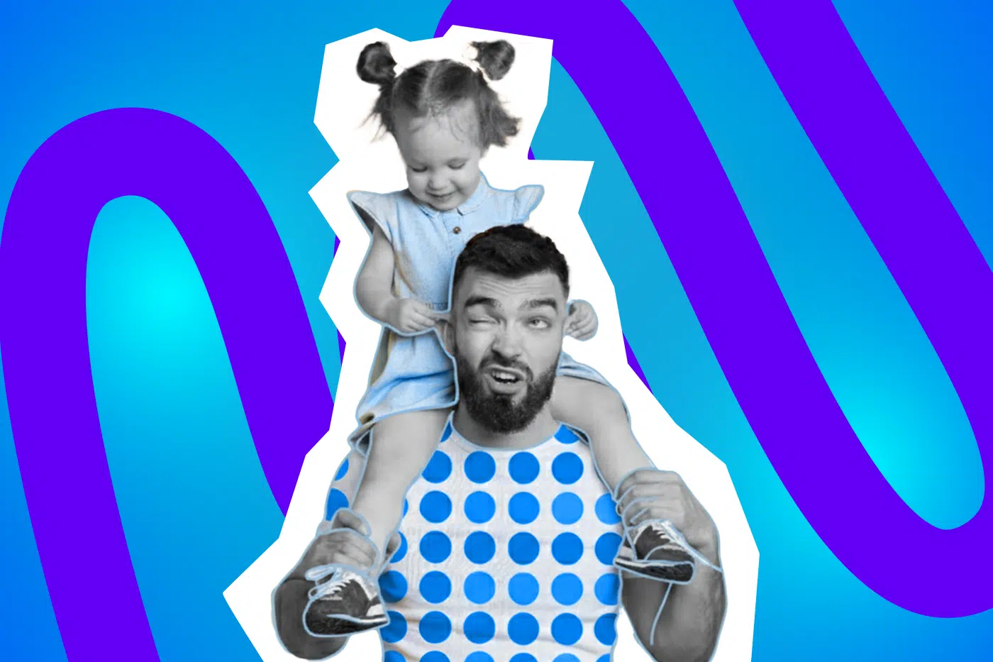 Pop-Art-Illustration eines Vaters mit Kind auf den Schultern, der einen zwinkernden Ausdruck hat. Schwarz-Weiß-Haut, buntes, gepunktetes Oberteil. Ideal für Beiträge über Vaterschaft, Erziehung, Kinderabenteuer und humorvolle Elterngeschichten.