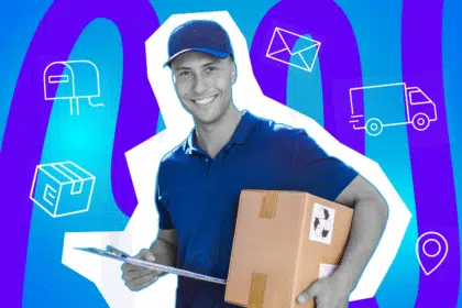 Pop-Art-Illustration eines Postboten, welcher ein Paket und ein Klemmbrett hält und lächelt. Umgeben von Icons wie ein Umschlag, ein Paket mit Klebeband, ein Lieferwagen, ein Tracking-Symbol mit Standort-Pin und ein klassischer Briefkasten. Schwarz-Weiß-Gesicht und bunter Hintergrund. Ideal für Beiträge über Pakete und Post.