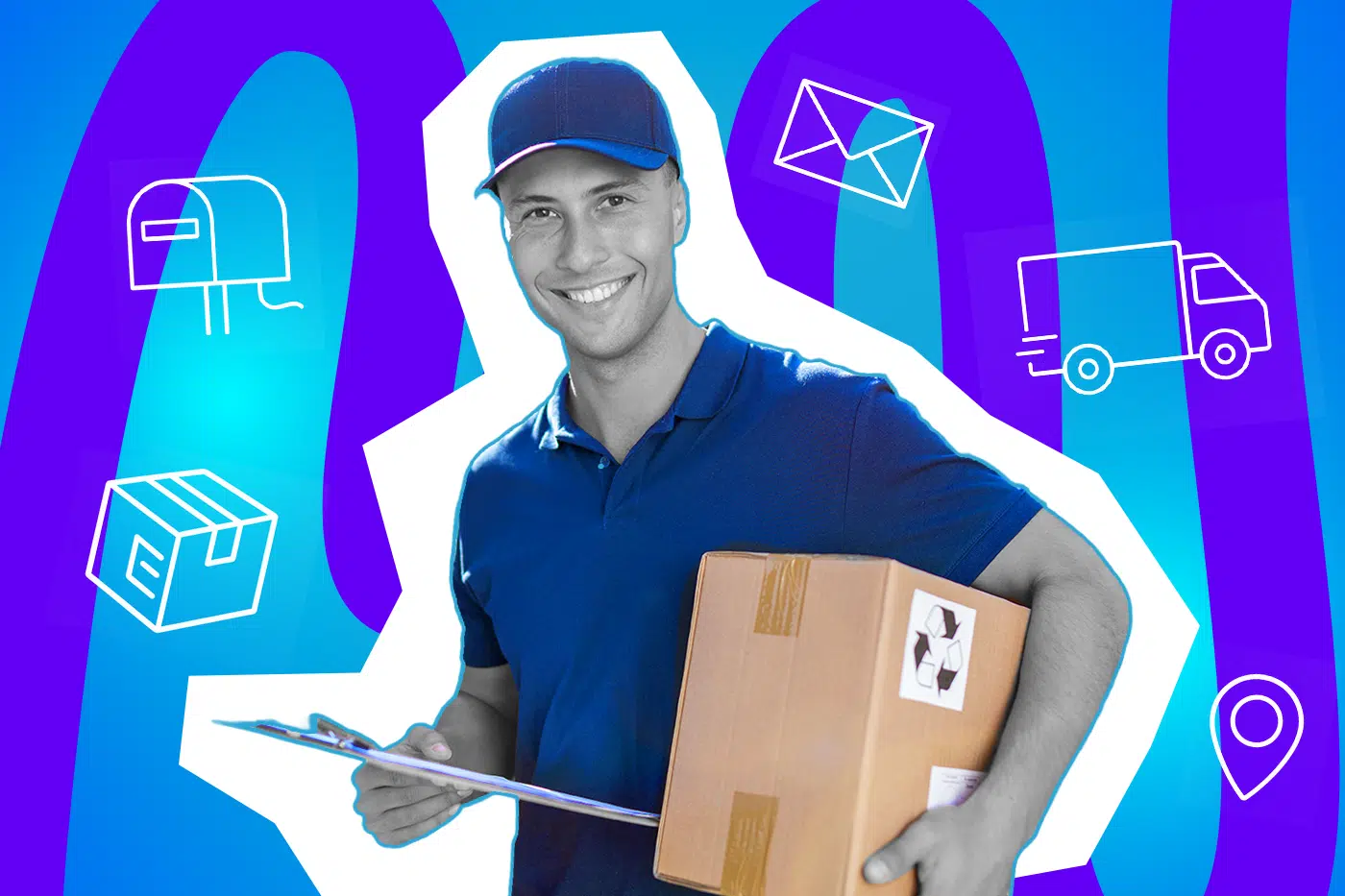 Pop-Art-Illustration eines Postboten, welcher ein Paket und ein Klemmbrett hält und lächelt. Umgeben von Icons wie ein Umschlag, ein Paket mit Klebeband, ein Lieferwagen, ein Tracking-Symbol mit Standort-Pin und ein klassischer Briefkasten. Schwarz-Weiß-Gesicht und bunter Hintergrund. Ideal für Beiträge über Pakete und Post.