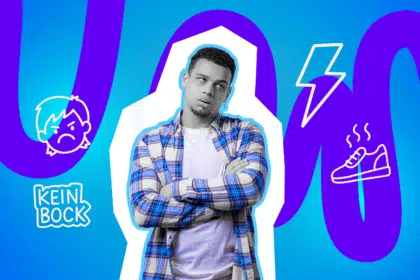 Jugendlicher steht mit verschränkten Armen und genervtem Blick da, umgeben von Illustrationen zu schlechter Laune und Pubertät.