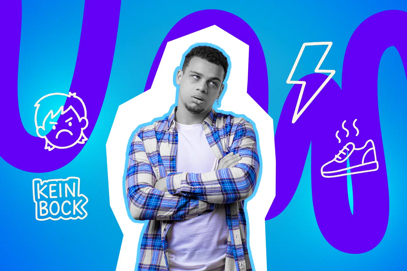 Jugendlicher steht mit verschränkten Armen und genervtem Blick da, umgeben von Illustrationen zu schlechter Laune und Pubertät.