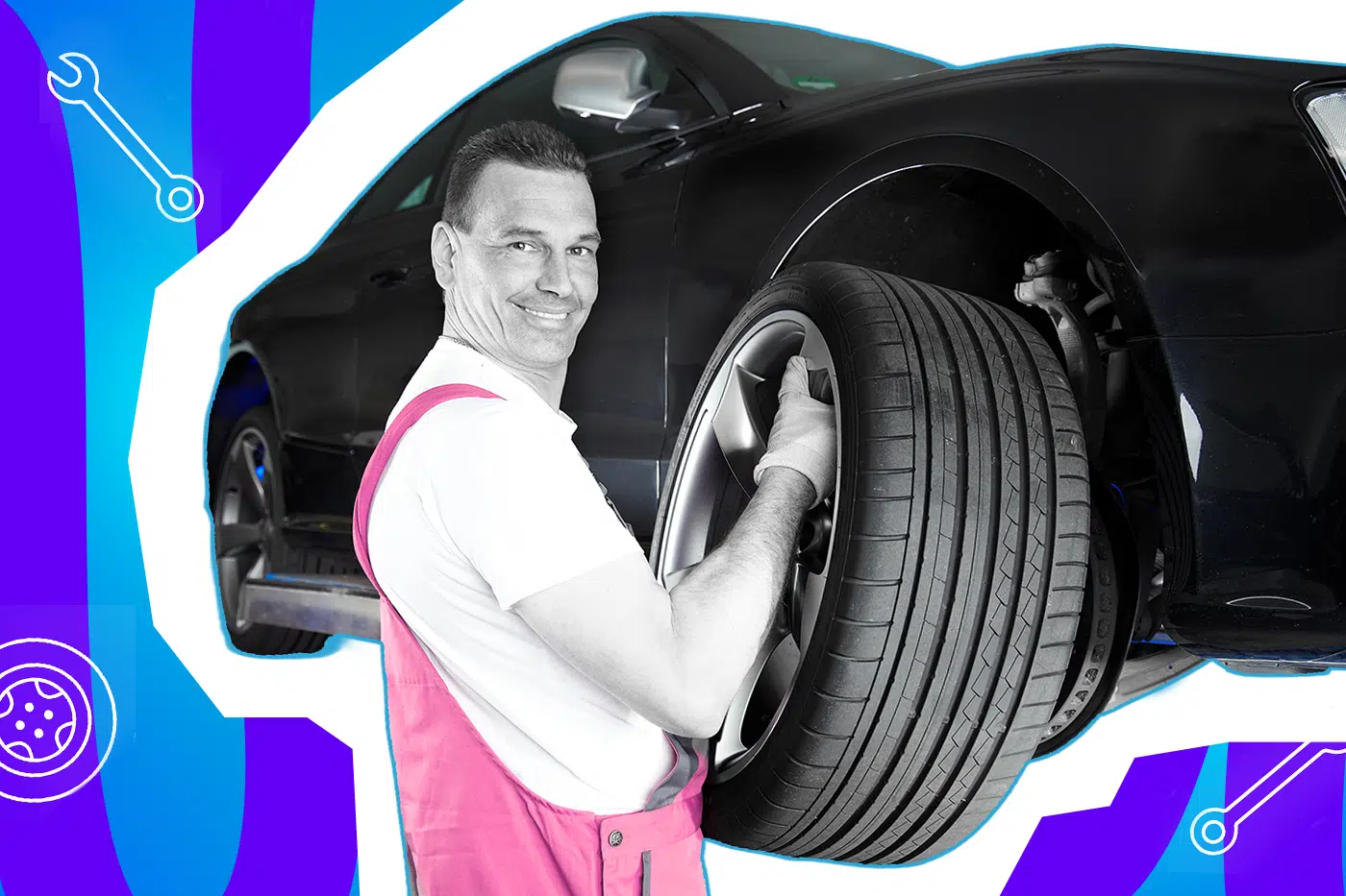 Pop-Art-Illustration eines Mannes, welcher einen Reifen wechselt und lächelt. Umgeben von Icons wie einen Reifen und ein Schraubenschlüssel. Schwarz-Weiß-Gesicht und bunter Hintergrund. Ideal für Beiträge über Reifenwechsel