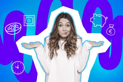Junge Frau mit langen lockigen Haaren zuckt ratlos mit den Schultern; im Hintergrund bunte Symbole wie Sparschwein, Geldbeutel, Uhr und Essen.