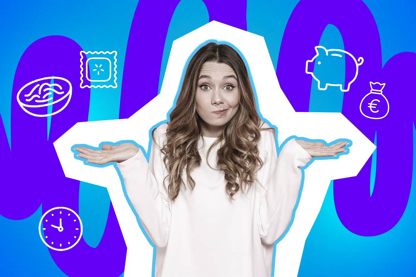 Junge Frau mit langen lockigen Haaren zuckt ratlos mit den Schultern; im Hintergrund bunte Symbole wie Sparschwein, Geldbeutel, Uhr und Essen.