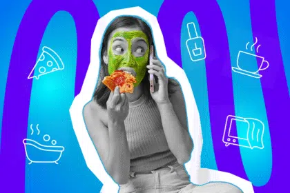 Pop-Art-Illustration einer jungen Frau mit einer Gesichtsmaske an, die in ein Stück Pizza beißt während sie telefoniert. Umgeben von minimalistischen Icons wie Pizza, Nagellack, Tasse Tee, Badewanne und TV. Schwarz-Weiß-Gesicht und bunter Hintergrund. Ideal für Beiträge über Selfcare, Me Time und Humor.