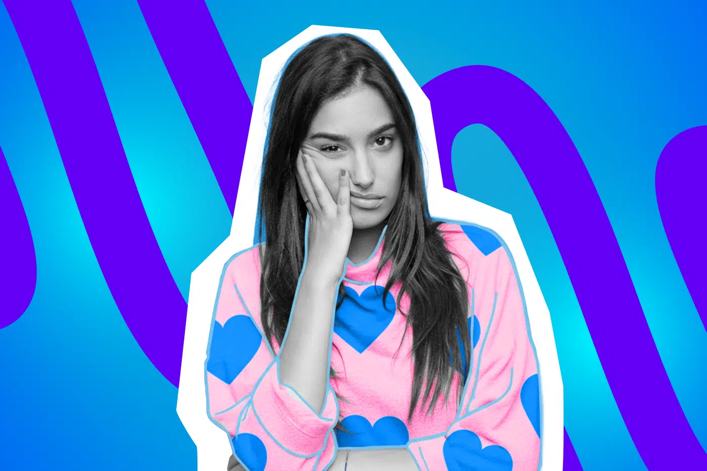 Pop-Art-Illustration einer Frau, die die Mühen des Zusammenlebens nach einer Datingpause widerspiegelt. Schwarz-Weiß-Haut und buntes, herzgemustertes Oberteil. Ideal für Beiträge über Beziehungen, Dating, Zusammenleben, Kompromisse und Partnersuche.