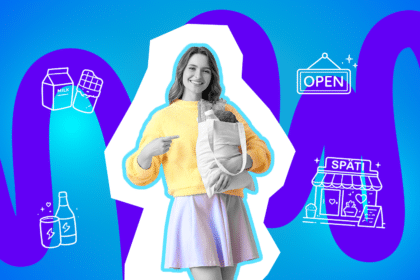 Ein lächelnder Kassierer im Supermarkt nimmt eine Karte von einer Kundin entgegen, umgeben von Symbolen für Einkaufen und Lebensmittel. Du: ChatGPT: Eine lächelnde Frau hält eine gefüllte Einkaufstasche und zeigt darauf, umgeben von Symbolen für einen geöffneten Späti und typische Einkäufe.