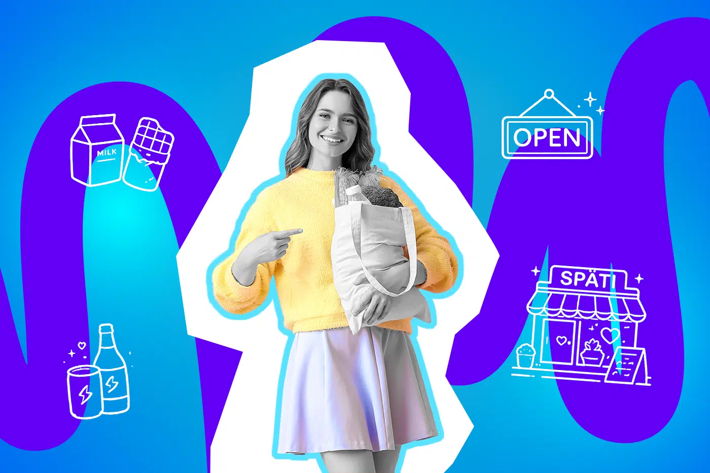 Ein lächelnder Kassierer im Supermarkt nimmt eine Karte von einer Kundin entgegen, umgeben von Symbolen für Einkaufen und Lebensmittel. Du: ChatGPT: Eine lächelnde Frau hält eine gefüllte Einkaufstasche und zeigt darauf, umgeben von Symbolen für einen geöffneten Späti und typische Einkäufe.