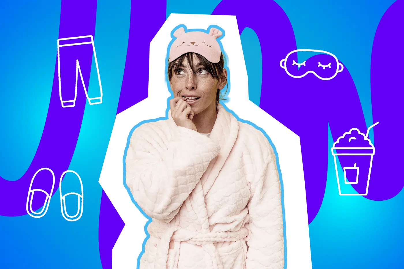 Frau im rosa Bademantel mit Schlafmaske blickt nachdenklich zur Seite, umgeben von gezeichneten Symbolen wie Schlappen, Jogginghose, Schlafmaske und Getränk.