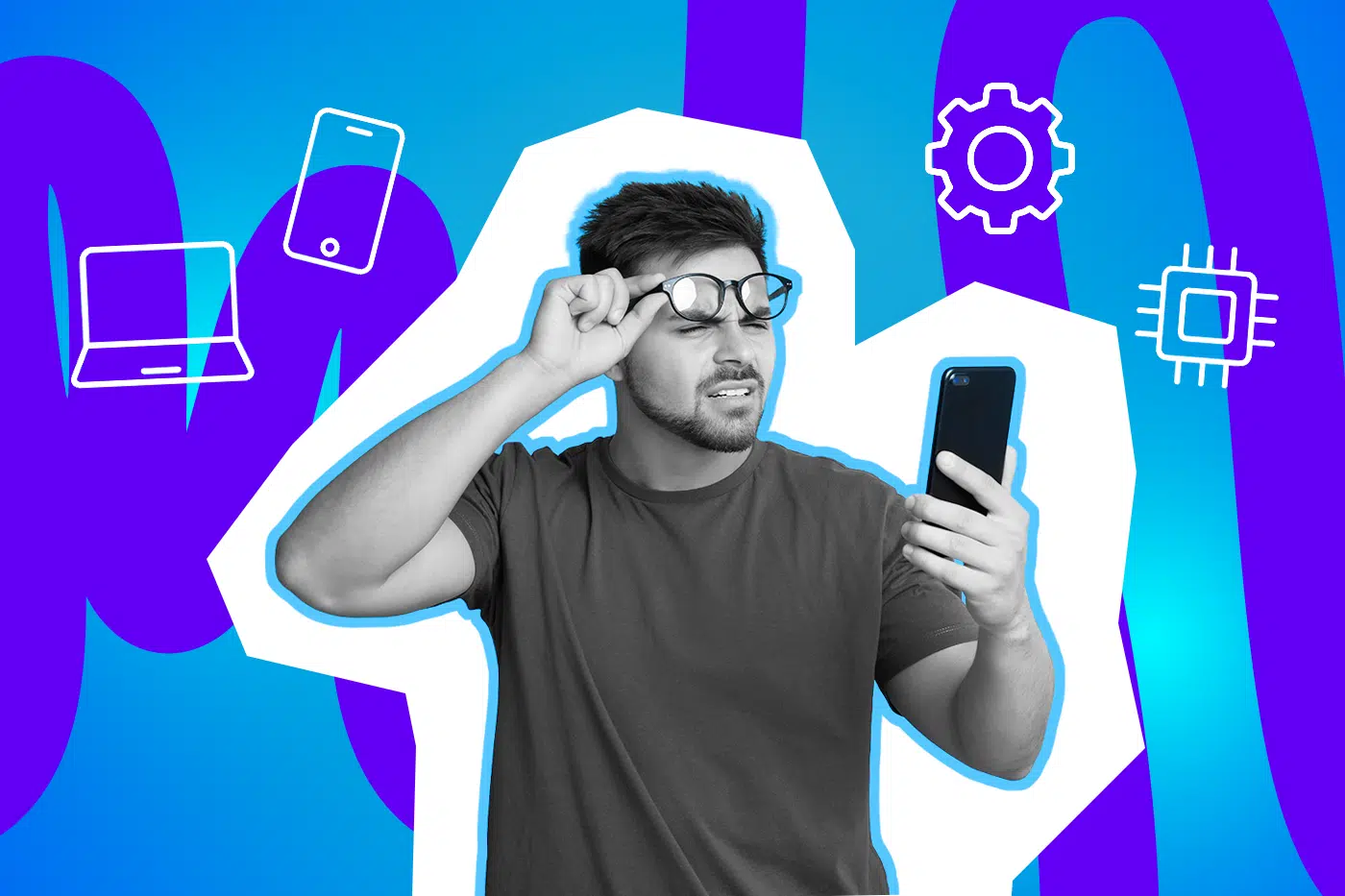 Mann mit Brille schaut verwirrt auf sein Smartphone; im Hintergrund Technik-Symbole wie Laptop, Smartphone, Zahnrad und Mikrochip.