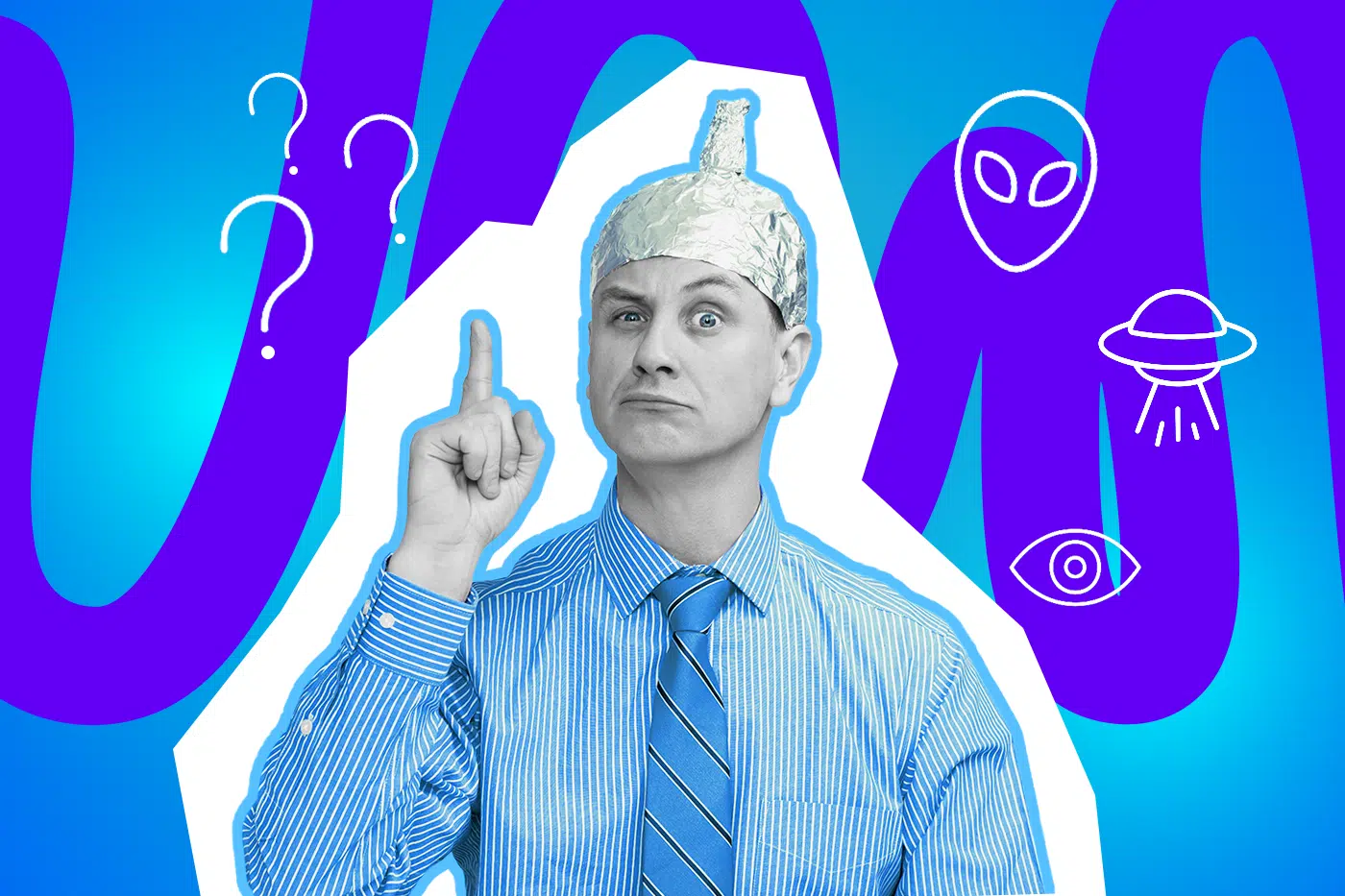 Ein Mann mit Aluhut wirkt, als wolle er eine wilde Theorie erklären – das Bild spielt humorvoll mit typischen Verschwörungs-Klischees.